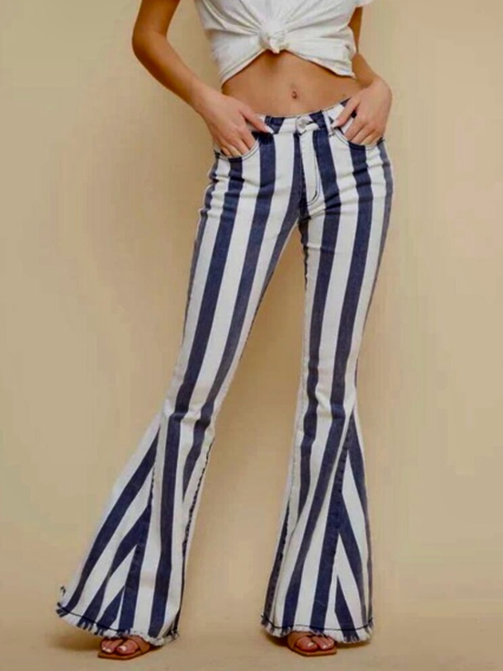 NWT Saints & Hearts Light Blue & White Stripe Flare Jeans Retro Boho Hippie Sz S